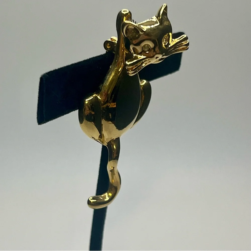 vintage gold tone trembling cat brooch signed CMJENT - Picture 7 of 7